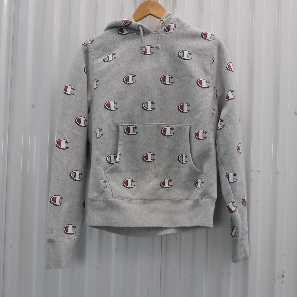 Champion Reverse Weave All Over Logo Hoodie Sweatshirt Heather Gray Men's‎ Small